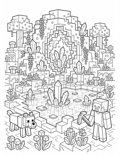 Minecraft Geode Garden With Crystal Pond printable coloring page from the minecraft coloring pages collection