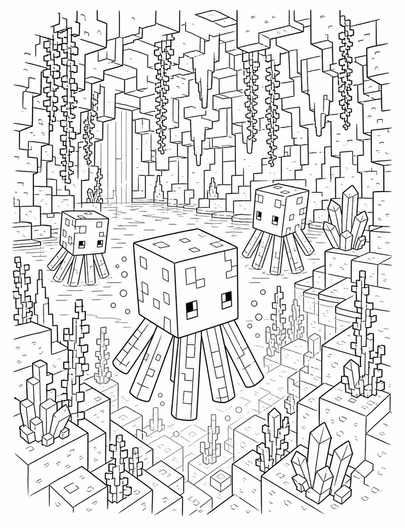 Minecraft Glow Squid Cave Lake printable coloring page from the minecraft coloring pages collection