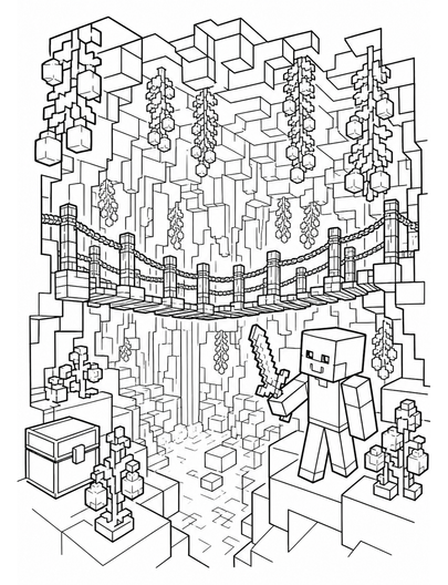 Minecraft Glowberry Grotto With Hanging Bridge printable coloring page from the minecraft coloring pages collection