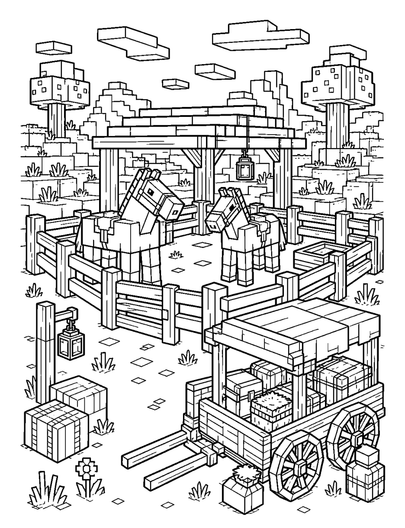 Minecraft Horse Pen And Supply Wagon printable coloring page from the minecraft coloring pages collection
