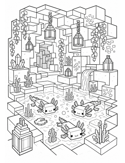 Minecraft Lantern Cave With Axolotl Pool printable coloring page from the minecraft coloring pages collection