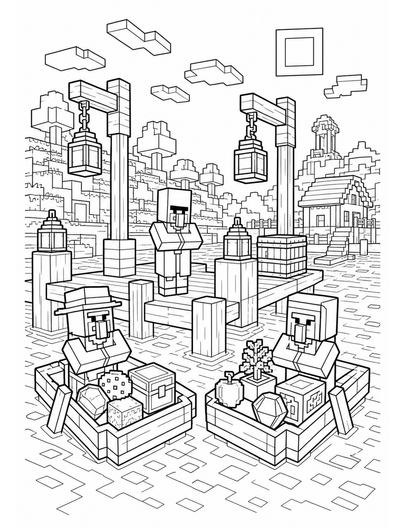 Minecraft Lantern Pier With Trading Boats printable coloring page from the minecraft coloring pages collection