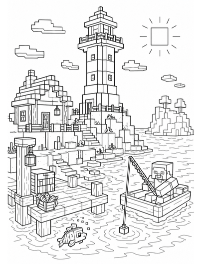 Minecraft Lighthouse Harbor With Fishing Dock printable coloring page from the minecraft coloring pages collection