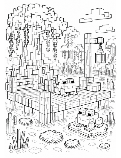 Minecraft Mangrove Dock With Frogs printable coloring page from the minecraft coloring pages collection