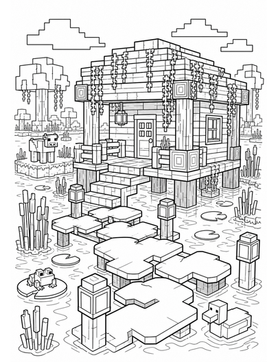 Minecraft Marsh Hut With Lily Pad Dock printable coloring page from the minecraft coloring pages collection