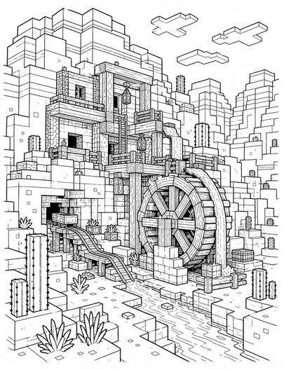 Minecraft Mesa Canyon Base With Water Wheel printable coloring page from the minecraft coloring pages collection