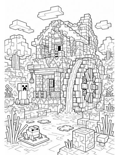 Minecraft Mossy Ruins Watermill printable coloring page from the minecraft coloring pages collection