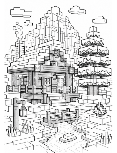 Minecraft Mountain Cabin With Snowy Spruce printable coloring page from the minecraft coloring pages collection