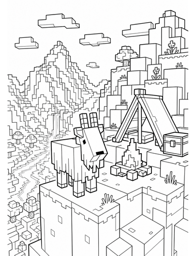 Minecraft Mountain Goat Cliff Camp printable coloring page from the minecraft coloring pages collection