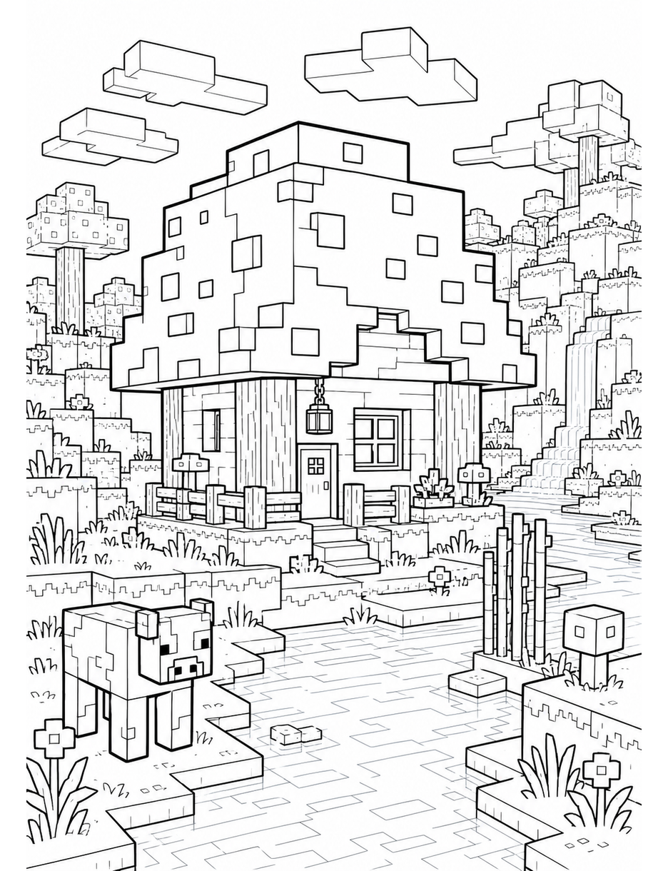 Minecraft Mushroom House By A River printable coloring page from the minecraft coloring pages collection