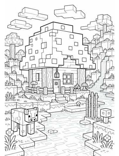 Minecraft Mushroom House By A River printable coloring page from the minecraft coloring pages collection