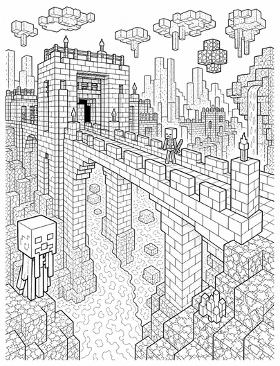 Minecraft Nether Fortress Lava Bridge printable coloring page from the minecraft coloring pages collection
