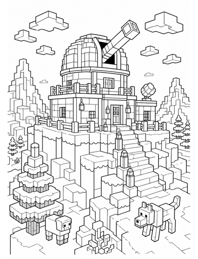 Minecraft Observatory On A Snowy Peak printable coloring page from the minecraft coloring pages collection