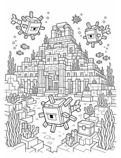 Minecraft Ocean Monument With Guardian Patrol printable coloring page from the minecraft coloring pages collection