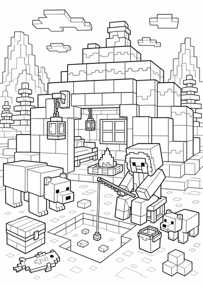 Minecraft Polar Bear Ice Fishing Hut printable coloring page from the minecraft coloring pages collection