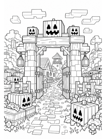 Minecraft Pumpkin Patch Village Gate printable coloring page from the minecraft coloring pages collection