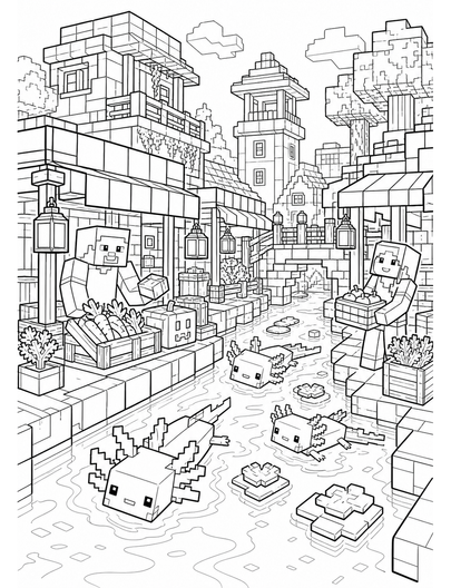 Minecraft River Market With Axolotl Canal printable coloring page from the minecraft coloring pages collection