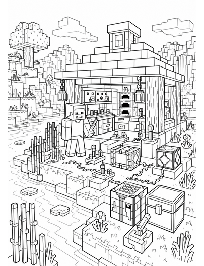 Minecraft Riverside Redstone Workshop printable coloring page from the minecraft coloring pages collection