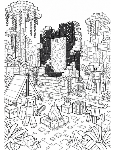 Minecraft Ruined Portal Jungle Camp printable coloring page from the minecraft coloring pages collection