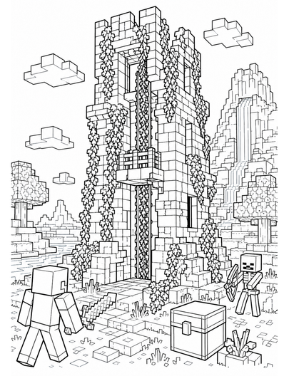 Minecraft Ruined Tower With Vine Elevator printable coloring page from the minecraft coloring pages collection