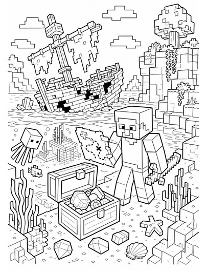 Minecraft Shipwreck Cove Treasure Hunt printable coloring page from the minecraft coloring pages collection