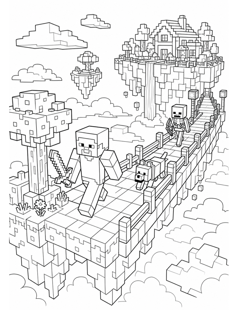 Minecraft Sky Bridge Above The Clouds printable coloring page from the minecraft coloring pages collection