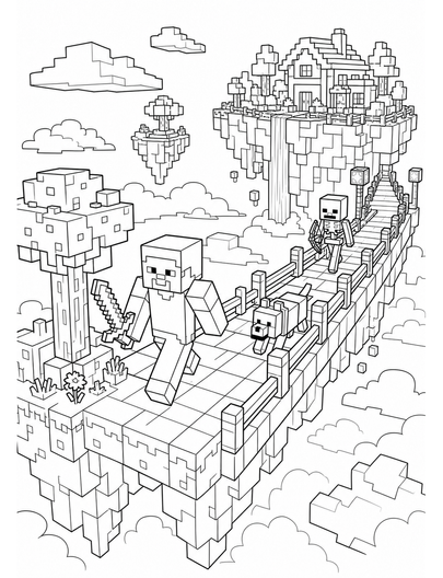 Minecraft Sky Bridge Above The Clouds printable coloring page from the minecraft coloring pages collection