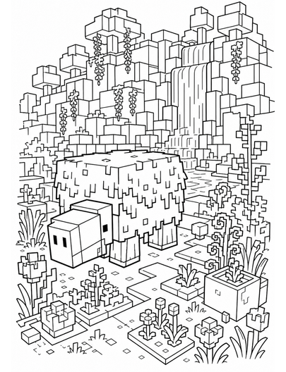Minecraft Sniffer Garden By A Waterfall printable coloring page from the minecraft coloring pages collection