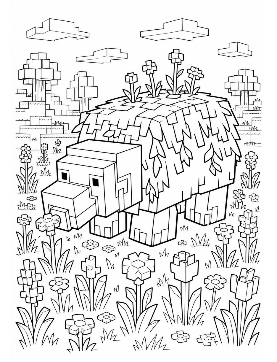 Minecraft Sniffer In A Flower Meadow printable coloring page from the minecraft coloring pages collection