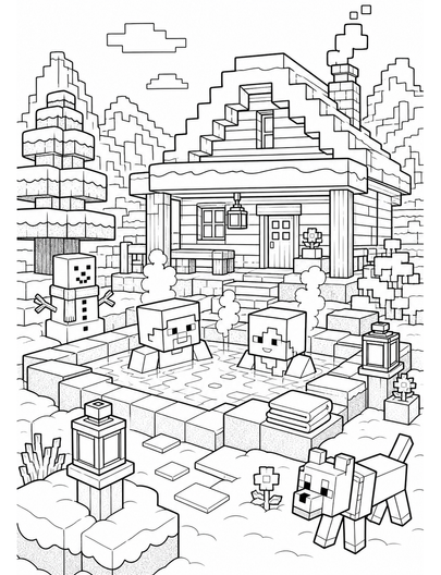 Minecraft Snowy Hot Spring Cabin printable coloring page from the minecraft coloring pages collection