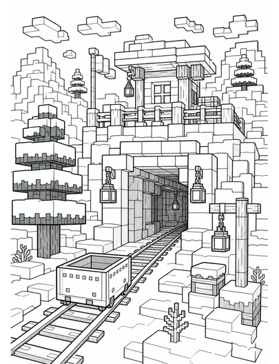 Minecraft Snowy Rail Tunnel Outpost printable coloring page from the minecraft coloring pages collection