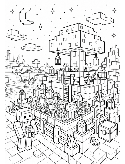 Minecraft Starlit Mushroom Farm Terrace printable coloring page from the minecraft coloring pages collection
