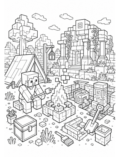 Minecraft Trail Ruins Campfire Dig Site printable coloring page from the minecraft coloring pages collection
