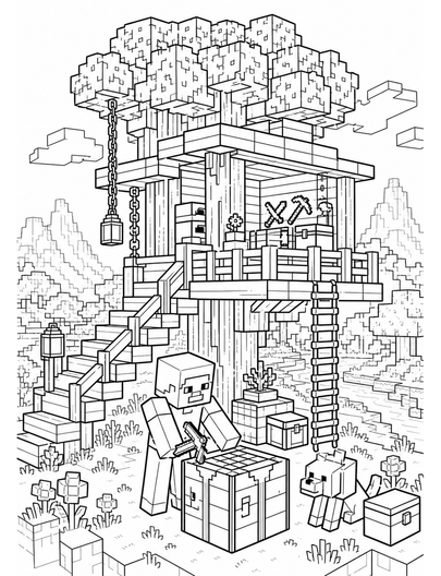 Minecraft Treehouse Workshop With Crafting Table printable coloring page from the minecraft coloring pages collection