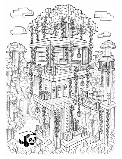 Minecraft Treetop Jungle Base With Vines printable coloring page from the minecraft coloring pages collection