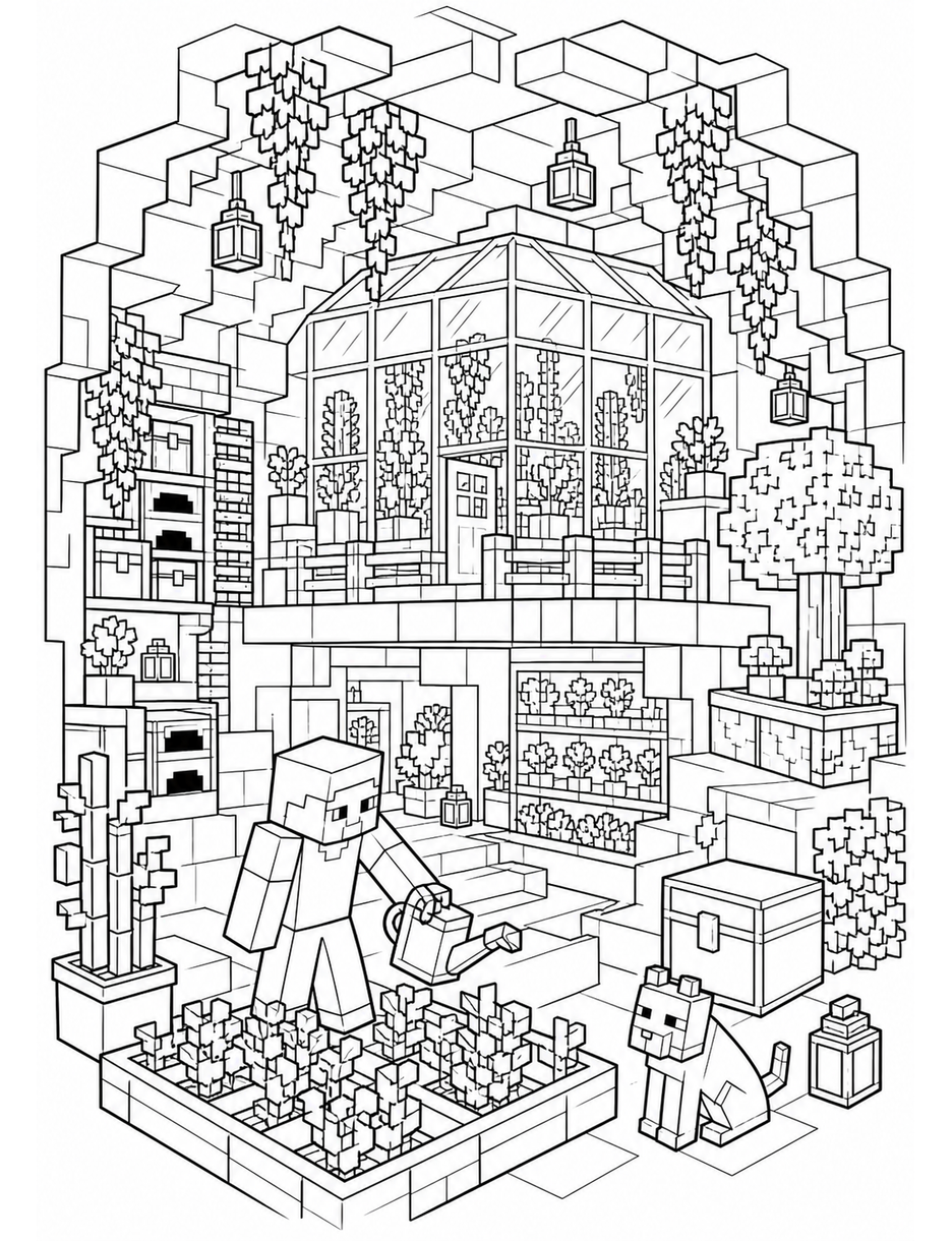 Minecraft Underground Greenhouse Hideout printable coloring page from the minecraft coloring pages collection