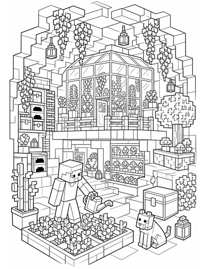 Minecraft Underground Greenhouse Hideout printable coloring page from the minecraft coloring pages collection
