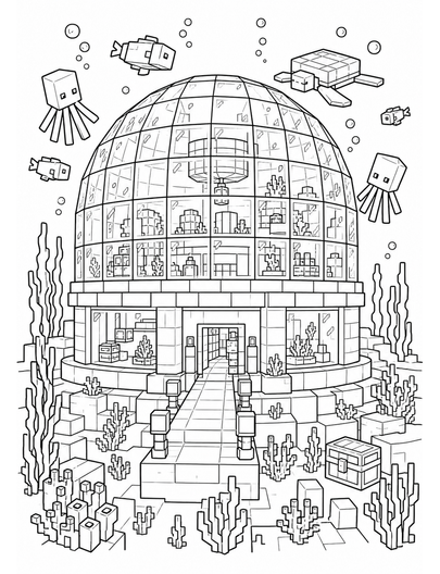Minecraft Underwater Base With Glass Dome printable coloring page from the minecraft coloring pages collection