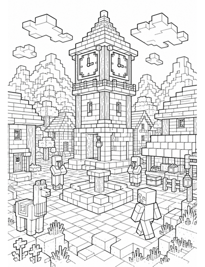 Minecraft Village Clocktower Square printable coloring page from the minecraft coloring pages collection