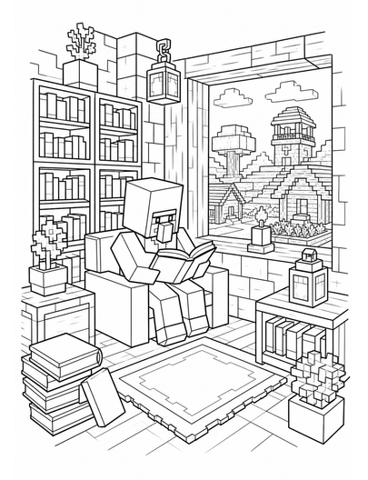 Minecraft Village Library Reading Corner printable coloring page from the minecraft coloring pages collection