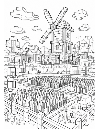 Minecraft Village Windmill And Wheat Fields printable coloring page from the minecraft coloring pages collection