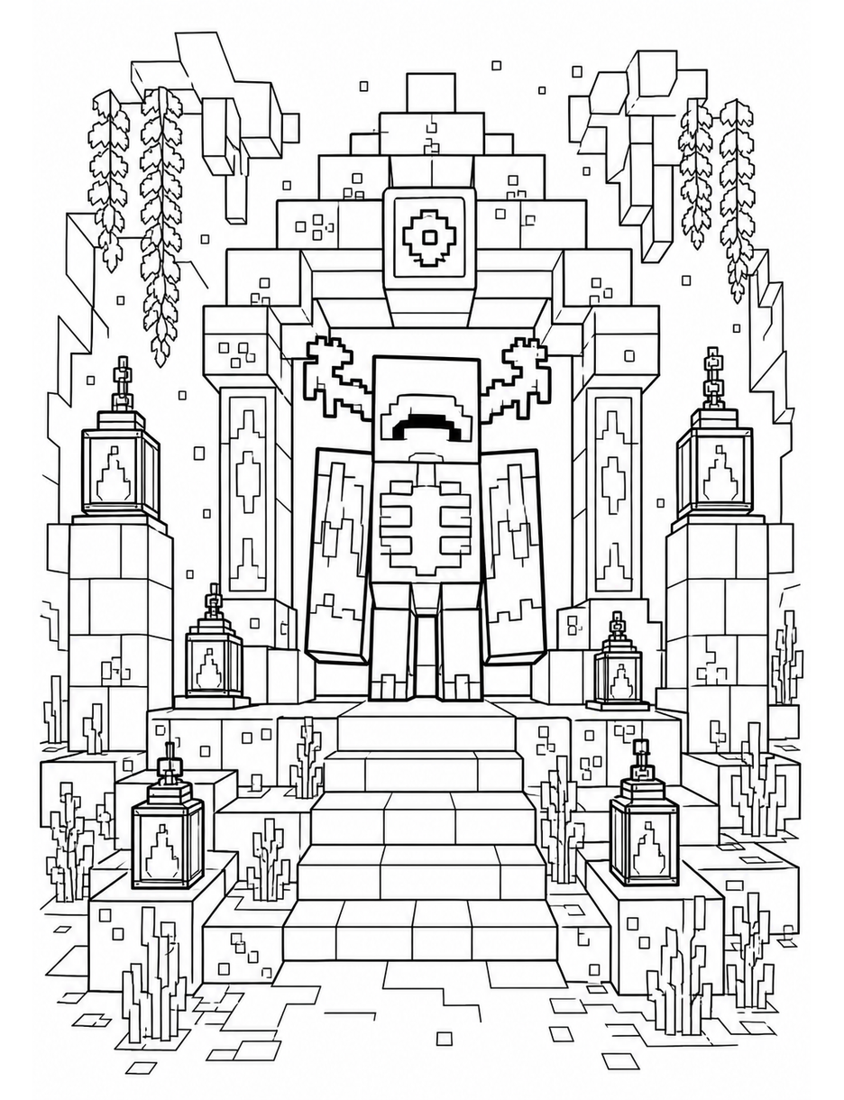 Minecraft Warden Shrine With Soul Lanterns printable coloring page from the minecraft coloring pages collection