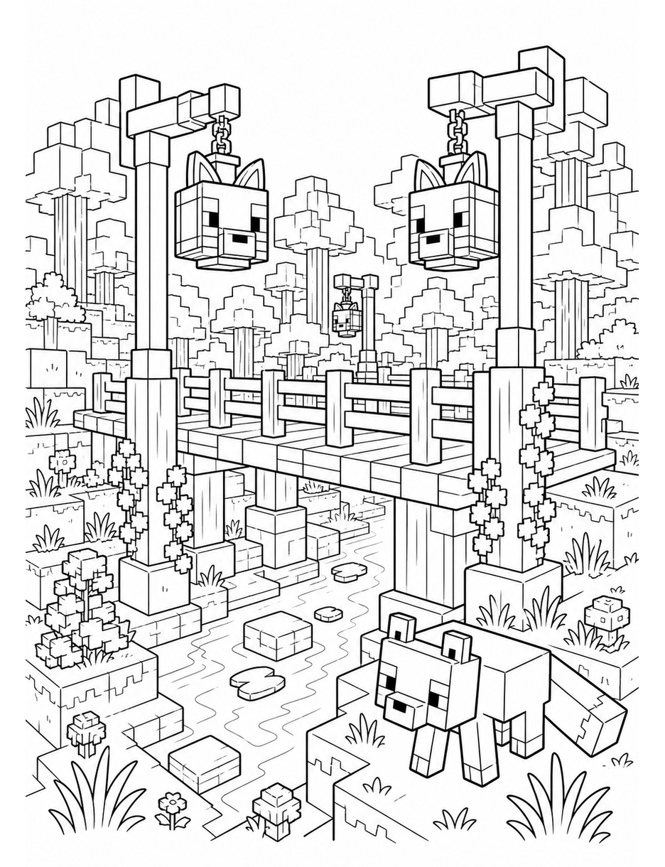 Minecraft Woodland Bridge With Fox Lanterns printable coloring page from the minecraft coloring pages collection