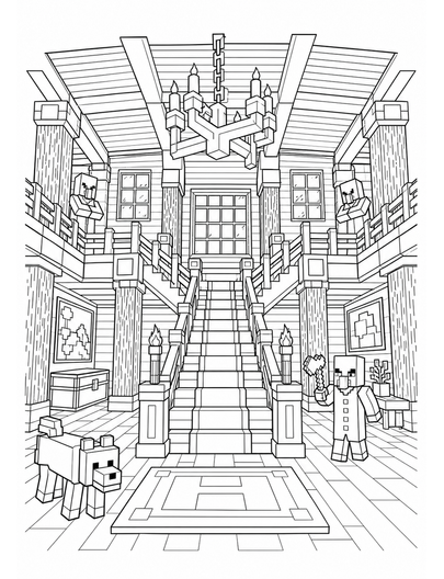 Minecraft Woodland Mansion Grand Stair Hall printable coloring page from the minecraft coloring pages collection
