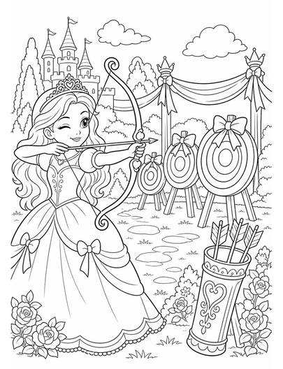 Princess Archery Range With Ribbon Targets printable coloring page from the princess coloring pages collection