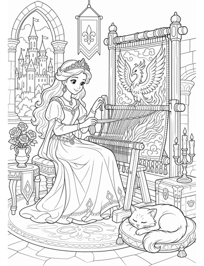 Princess At A Castle Loom With Phoenix Tapestry printable coloring page from the princess coloring pages collection