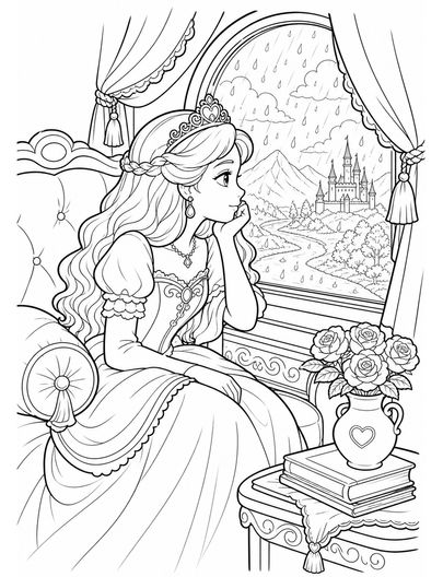 Princess At A Rainy Window Seat printable coloring page from the princess coloring pages collection