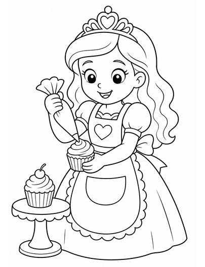 Princess Baking Cupcakes With A Big Apron printable coloring page from the princess coloring pages collection