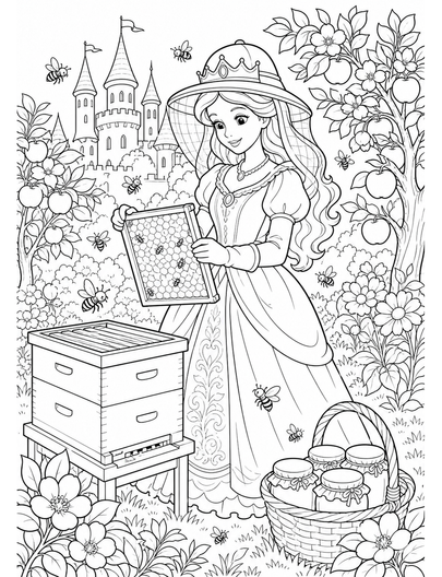 Princess Beekeeping In Castle Orchard printable coloring page from the princess coloring pages collection
