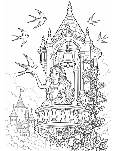 Princess Bell Tower With Swallows printable coloring page from the princess coloring pages collection